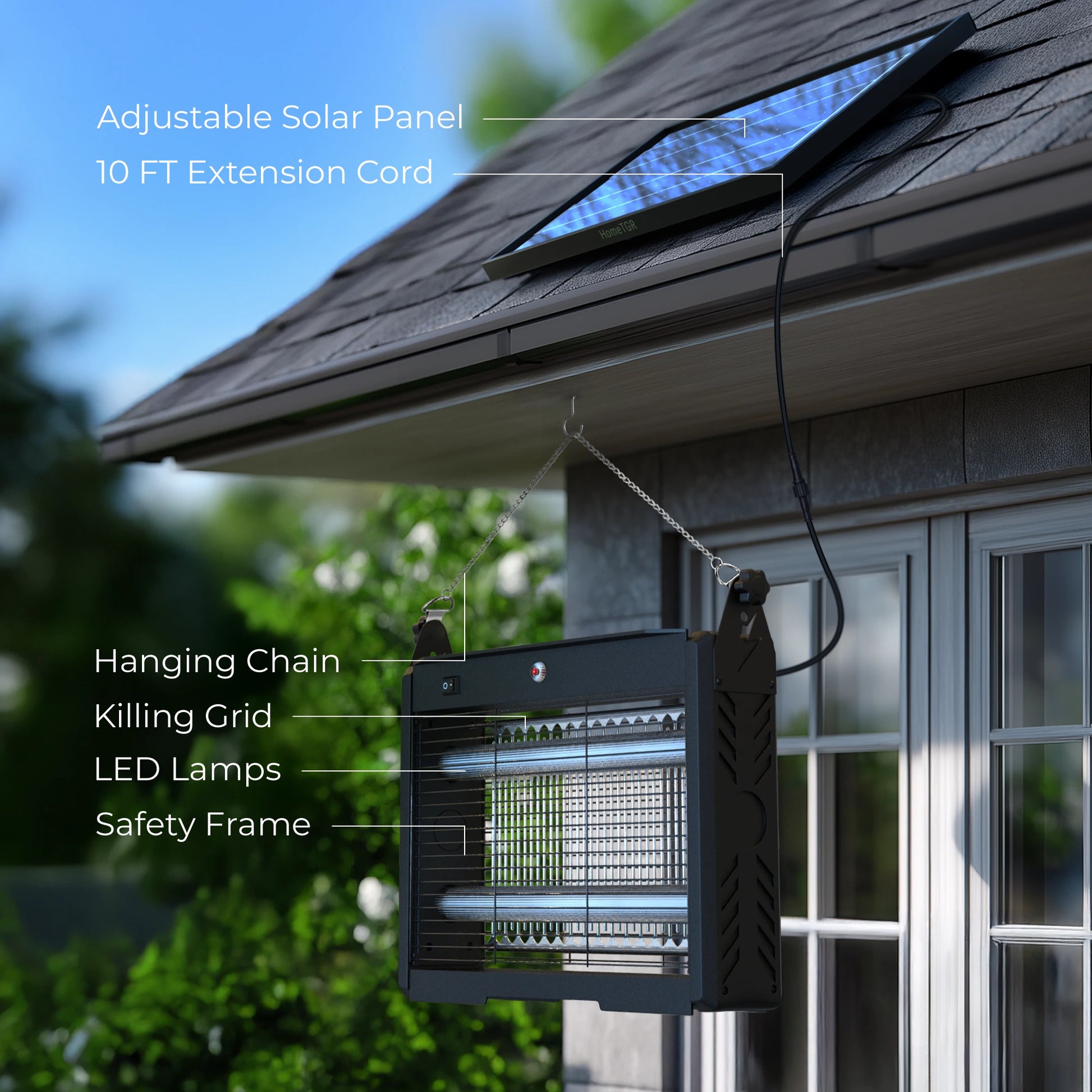 Solar-powered insect killer hanging on a house exterior with labeled parts.