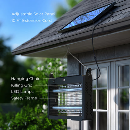 Solar-powered insect killer hanging on a house exterior with labeled parts.