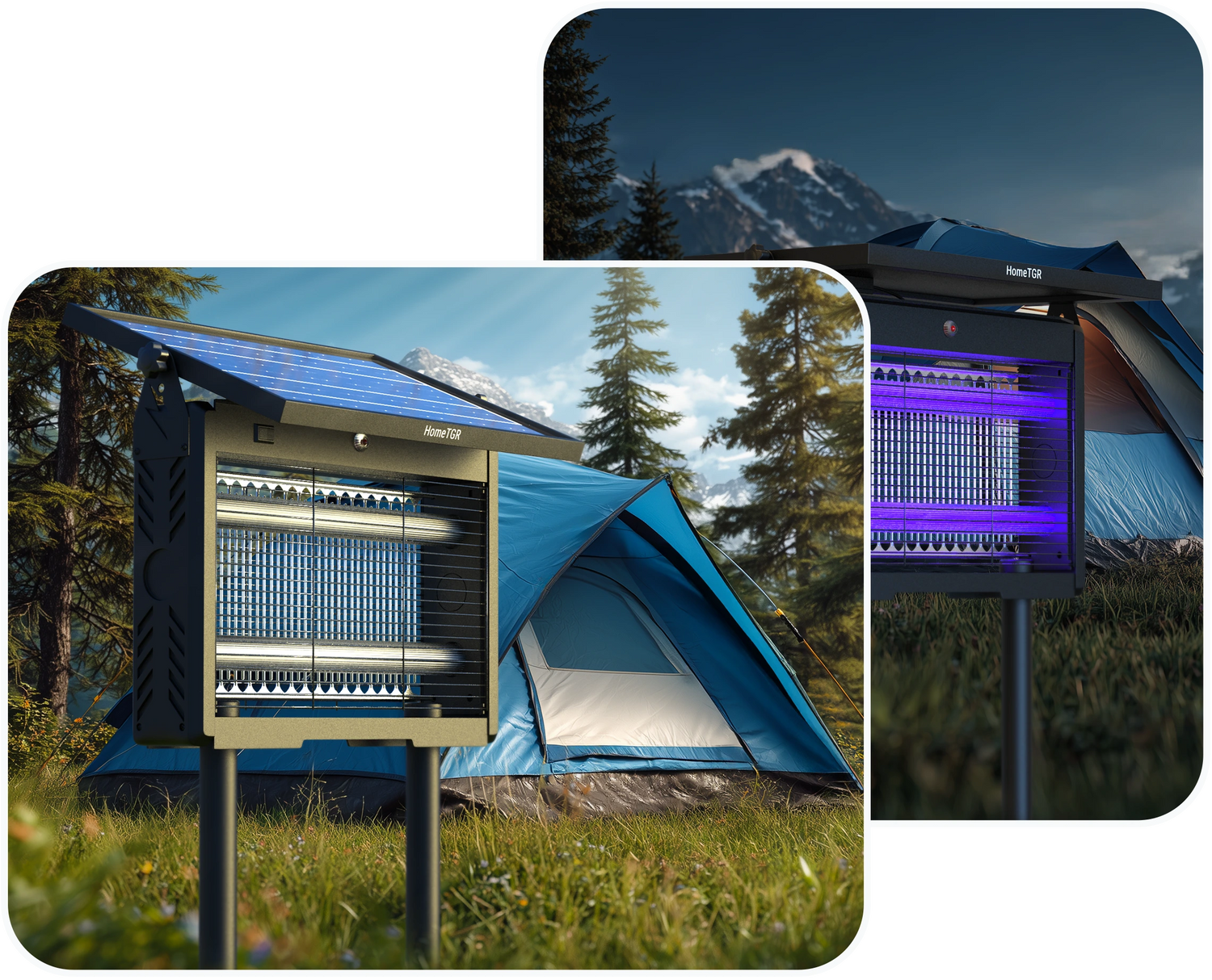 Portable outdoor shelter with solar panel and LED lights in a natural setting